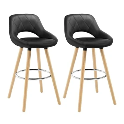 Image of WOLTU Breakfast Kitchen Counter Bar Stools Set of 2 pcs Faux Leather Seat Chairs Wood Legs Barstools Black High