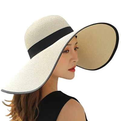 Image of BABAHU Women Foldable Floppy Wide Brim Straw Sun Hat Summer Beach UV UPF 50+