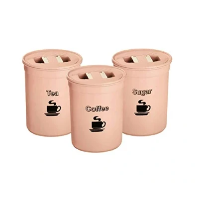 Image of 3 Piece Tea Coffee Sugar Canister Set 850ml Plastic Round ContainerTin Airtight Storage Jars (Pink)