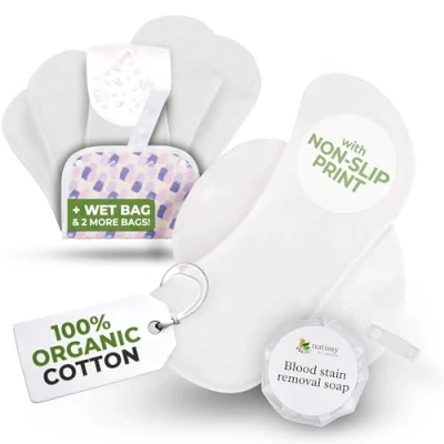 Image of Non Slip Organic Reusable Sanitary Pads for Light Flow (S+M, 6 Pack); High Temp Washable Cotton Period Women &amp; Teens; Irritating, Soft Menstrual Comfortable Care