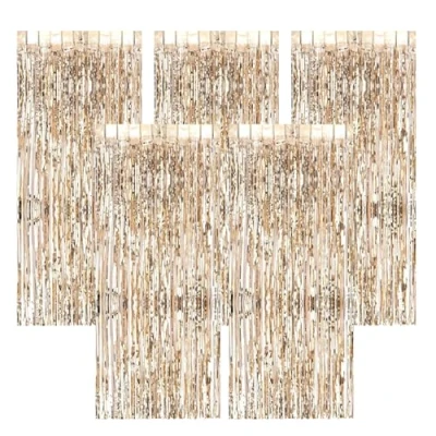 Image of AIBAOBAO 5 Pack Bright Champagne Gold Tinsel Curtains, Metallic Foil, Photo Booth Props Backdrop Curtain for Wedding Engagement Bridal Shower Birthday, Door Decorations Hanging, Hen Party