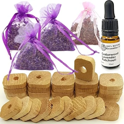 Image of STAFECO Moth Repellent for Wardrobes Anti Moths Cedarwood Rings Lavender &amp; Patchouli Bags Premium Oil 100% Natural (Medium L)
