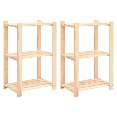 Image of vidaXL Solid Pinewood 3 Tier Storage Racks Durable Wooden Shelves for in Household and Commercial Settings, Beige, 60x38x90 cm, Set of 2