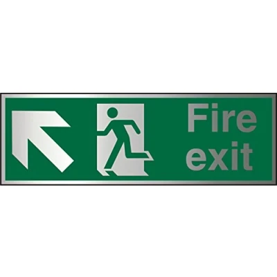 Image of Seco Fire Exit Arrow Pointing Up &amp; Left, Man Running Sign, 450mm x 150mm 1.5mm Brushed Aluminium Composite