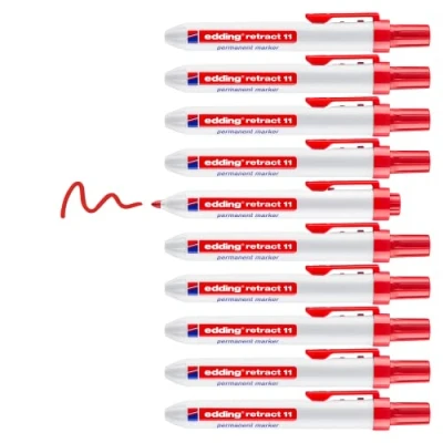 Image of edding retract 11 permanent marker red box of 10 bullet nib 1.5 3 nm waterproof, quick drying for easy single handed operation cardboard, plastic, wood, metal, glass