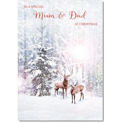 Image of doodlecards Mum &amp; Dad Christmas Card Deer in Snow Forest Medium Size with Plain Envelope