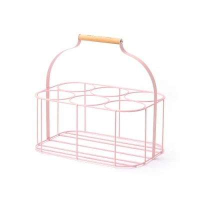 Image of simpa Colour Wire Metal Wine Beer Milk Beverage 6 Bottle Carrier Holder Caddy with Handle Matt Pink