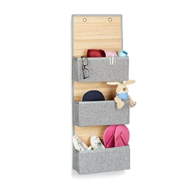 Image of Relaxdays Hanging Storage for Bathroom &amp; Hallway, 3 Compartments Door Organiser 94 x 33 12 cm, Bamboo Fabric, Gray