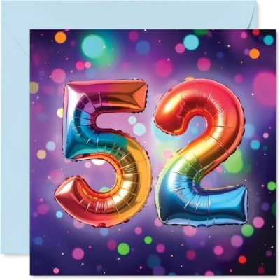 Image of 52nd Birthday Cards for Men Women Rainbow Foil Balloon Happy Card 52 Year Old Man Woman Brother Daughter Friend Grandma, 145mm Bday Greeting