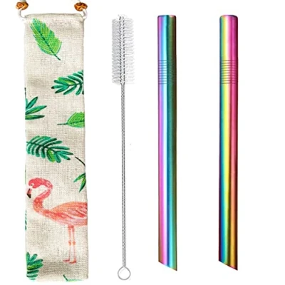 Image of Stainless Steel Bubble Tea Straws, 12mm Reusable Metal Boba Straws Extra Wide Thick Fat Drinking Straw for Smoothie Milkshake Jumbo with Carry Bag Cleaner Brush, Pointed Design Colorful 2PCS