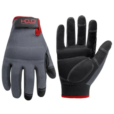 Image of HANDLANDY Mens Work Gloves Touch screen, Synthetic Leather Utility Gardening Gloves, Flexible Breathable Spandex Back Padded Knuckles &amp; Palm (Large, Grey)
