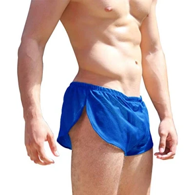 Image of Mens Sexy Mesh Split Sides Lounge Shorts 1 Inch Inseam Low Rise Blue M
