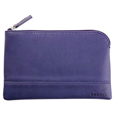 Image of RHODIA 116537C Faux Leather Zipped Pouch Midnight Blue Size S (11x17 cm) Real Stitching Orange Fabric Interior Storage of Documents, Small Supplies