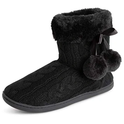Image of Polar Womens Memory Foam Pom Winter Faux Fur Luxury Plush Cosy Anti Slip Indoor Outdoor Slippers Black Knitted UK5/EU38 YC0714