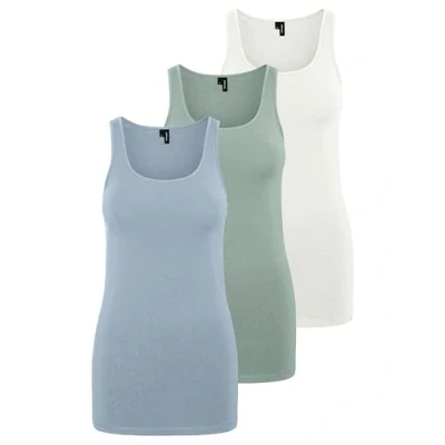 Image of VERO MODA Women&#039;s VMMAXI My Soft Long Tank Top GA 3P, Green/Blue/White (1 x Jadeite / 1 Blue Fog Snow White), M