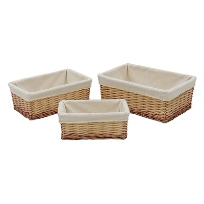 Image of JVL Hand Woven Acacia Set of 3 Rectangular Willow Storage Baskets with Lining, Honey Finish