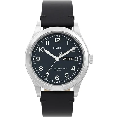 Image of Timex Men&#039;s Waterbury 39 mm Watch Black Leather Two Piece Quick Release Strap Dial Stainless Steel Case TW2W14700