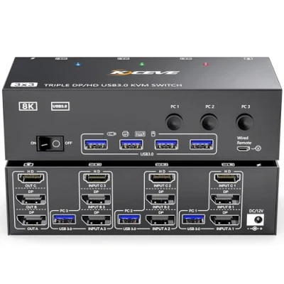 Image of KVM Switch 3 Monitors Computers 8K@60Hz, MLEEDA HDMI + 2* Displayport Triple Monitor Switch,3 with 4 USB 3.0 Ports for Keyboard Mouse Printer, Wired Remote and Power Adapter Included