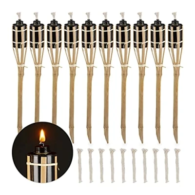 Image of Relaxdays Garden Torches, Pack of 10, Oil Lanterns, Outdoor use, with Replacement Wicks, 50 cm high, Natural Bamboo, x 6