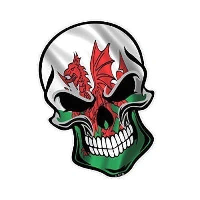 Image of Gothic Biker SKULL Design with Welsh Wales CYMRU Flag Motif Vinyl Car Bike Sticker Decal 110x75mm