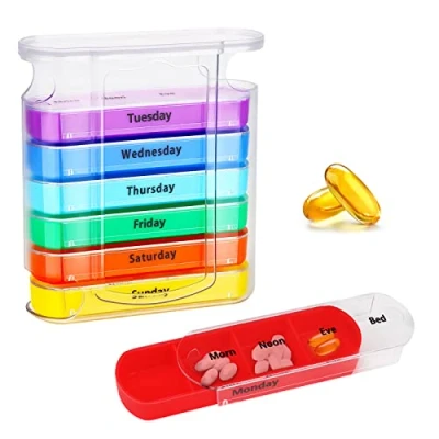Image of Pill Organiser 7 Day Box 4 Times a Weekly Tablet with 28 Compartments for Vitamin Medicines Supplements, Portable Medicine Storage Case Elderly Men Women Rainbow