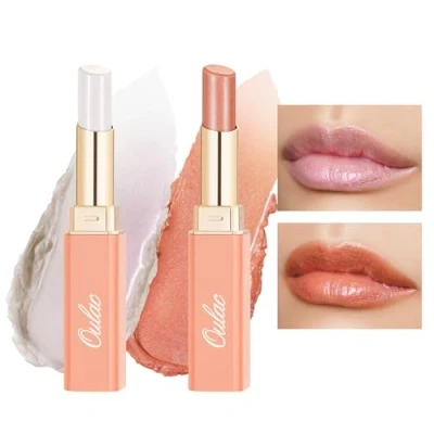 Image of Oulac Moisture Shine Lipstick Set Moisturising Peach &amp; Red Lipstick, Tinted Lip Balm for Dry Lips, Colour Juicy Look, Glossy Finish, Vegan, Cruelty Free (S3/S5)