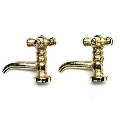 Image of MyTinyWorld 2x Dolls House Miniature Gold Coloured Metal Cross Top Sink Taps