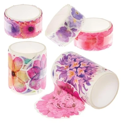 Image of Baker Ross FN197 Paper Flowers Tape Pack of 5, Scrapbook Stickers, Floral Stickers for Decorations