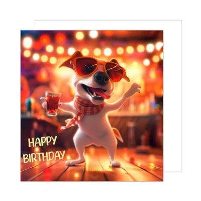 Image of Edition Seidel Premium Square Birthday Card with Envelope. Greeting Happy For Him or Her Female Male Friend Mum Dad Daughter Son Dancing Dog (GQ222 SW024)