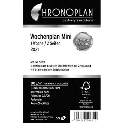 Image of Chronoplan 50611 Calendar Insert 2021, Weekly Planner Mini in Lines (79 x 125 mm), Replacement Calendar, Ideal for Detailed Planning, Universal Punching (1 Week on 2 Pages), White