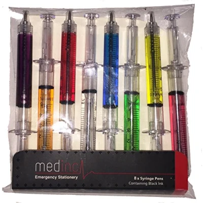 Image of Medinc Pack of 8 Mixed Colour Syringe Pens with Black Ink Great Nurse Novelty Pen Stationary Set or Doctor Medical Student Stationery NHS
