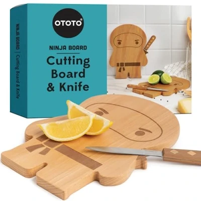 Image of New!!! OTOTO Ninja Board Small Wood Cutting and Knife Set Kitchen Gift for Chopping Fruits Vegetables; Made of Stainless Steel; Dimensions 10 x 7 0.6 inch