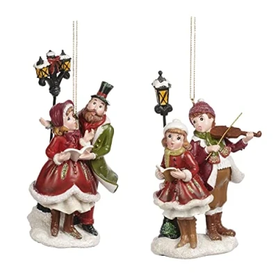 Image of Goodwill Christmas Carol Singers Resin Ornaments Red and Green 13 Centimetre Set of 2