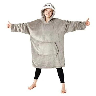 Image of CityComfort Girls Oversized Blanket Hoodie Kids Fleece Fluffy Hoodies (Grey Sloth)