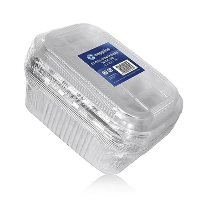 Image of Coppice Strong Aluminium Foil Tray with Plastic Lid for Baking, BBQ, Roasting, Grilling &amp; Food Storage 20cm x 13cm Freezer, Microwave Oven Safe 10 pack (Depth 7cm)