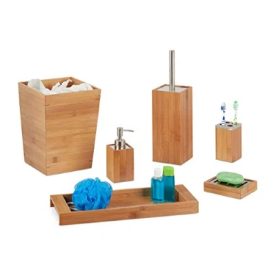 Image of Relaxdays Bathroom Set, 6 Piece, Bamboo, Soap Dispenser and Dish, Toilet Brush, Toothbrush Holder, Tray, Bin, Natural