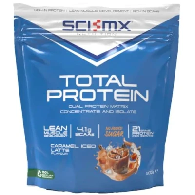Image of SCI MX Total Protein Dual Concentrate &amp; Isolate Powder Lean Muscle Development Caramel Iced Late No Added Sugar 4.2g BCAAs + 21g per Serving 900g