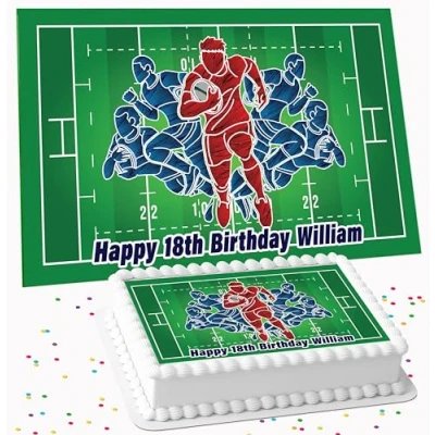 Image of RUGBY BIRTHDAY PERSONALISED ICING EDIBLE COSTCO CAKE TOPPER R1 4127