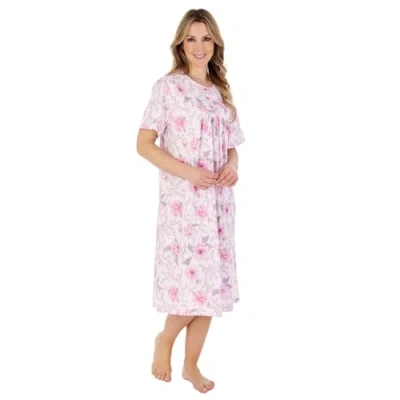 Image of Slenderella Peony Short Sleeve Cotton Jersey 42 Inch Nightdress (10/12, pink)