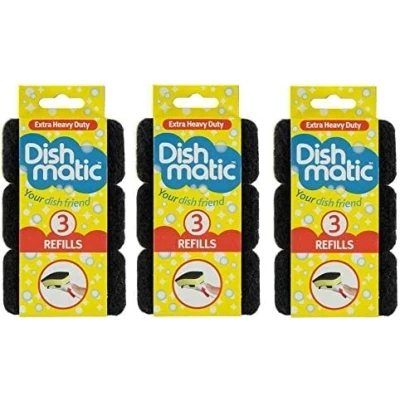 Image of Replacement Dish Washing Fillable up Brush Heavy Duty, General, Non Scratch Refill Sponges Cleaning Scourer by UKDD® (3 x3 =9 Black Refills (Heavy Duty))