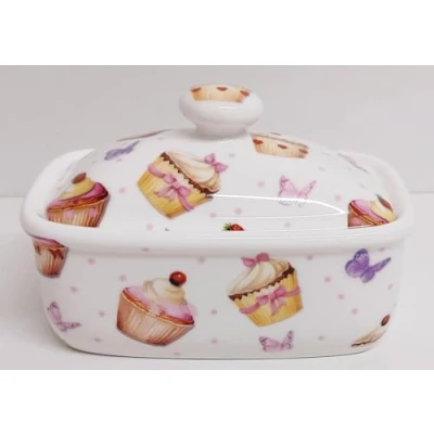 Image of Cupcakes &amp; Butterflies Butter Dish Bone China Lidded 400 Grams Container Hand Decorated in UK