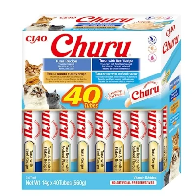 Image of Churu by INABA Cat Treat Tuna Variety Box 1 Pack (40 x 14g total) / Soft &amp; Creamy Treat, Delicious Healthy Snack, Purée Food Topper, Natural, Grain Free