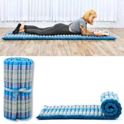Image of Leewadee Foldable Floor Mattress Japanese Roll Up Futon Trifold Tatami Mat Guest Bed Camping Thai Massage Mat, Kapok Filled, 190 x 70 cm, Light Blue