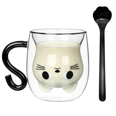 Image of Belle Vous Cat Glass Coffee Mug 10oz / 290ml Insulated Borosilicate Espresso Cup Clear with Handle for Latte, Cappuccino &amp; Iced Double Walled Tea