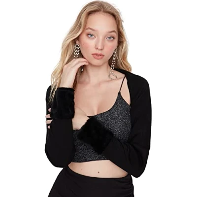 Image of Trendyol Women&#039;s Woman Fitted Standard V neck Knitwear Cardigan Sweater, Black, 38 UK