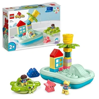 Image of LEGO DUPLO Water Park Bath Toy for Toddlers Aged 2+ Years Old, with Floating Island, Turtle and Star Fish Sea Animal Figures, Easy to Clean Bathtub Toys 10989