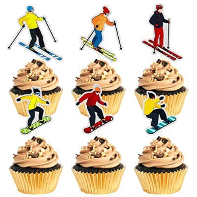 Image of MEFENG Skier Theme Cupcake Toppers , Ski Lovers Cake for Sport Birthday Party Decorations ,Rainbow Glitter Decoration.18PCS