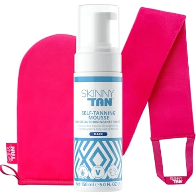 Image of Skinny Tan Dark Mousse 150ml, Instant Fake Mousse, Coconut and Vanilla Aroma, Cruelty Free &amp; Vegan Skincare for Radiant Natural Glow Easy to Apply Plus Mitt Back Applicator