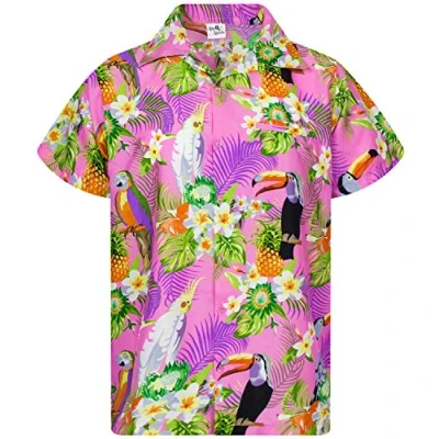 Image of King Kameha Mens Vintage Hawaiian Shirt Casual Short Sleeve Button Down Bird Designs, Parrot Cockatoo, Light Pink, 4XL