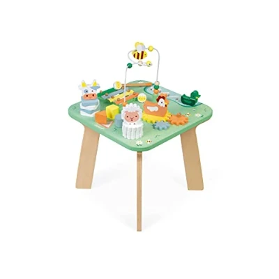 Image of Janod Jolie Prairie Activity Table 7 Babyhood Activities Multi Game Wooden Table, Farm Theme Fine Motor Skills Development and Musical Awakening Water Based Paint from 1 Year Old, J05327